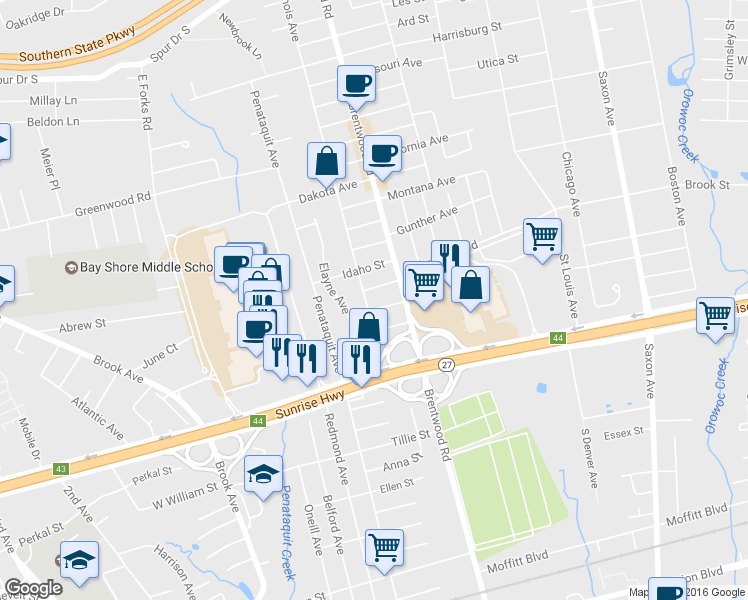 map of restaurants, bars, coffee shops, grocery stores, and more near 1327 Illinois Avenue in Bay Shore