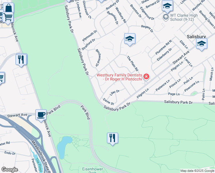 map of restaurants, bars, coffee shops, grocery stores, and more near 1931 Ladenburg Drive in Westbury