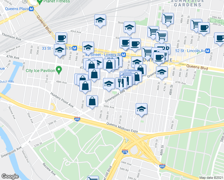 map of restaurants, bars, coffee shops, grocery stores, and more near 39-28 48th Avenue in Queens