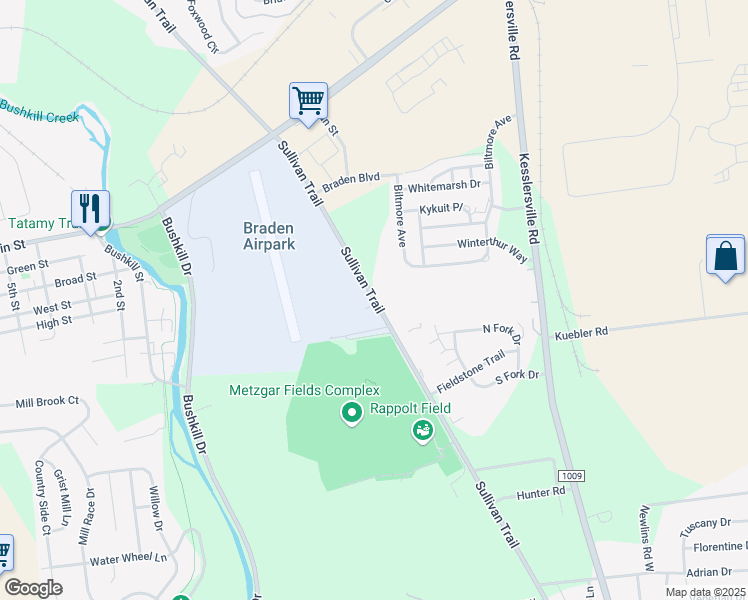 map of restaurants, bars, coffee shops, grocery stores, and more near 3838 Sullivan Trail in Easton
