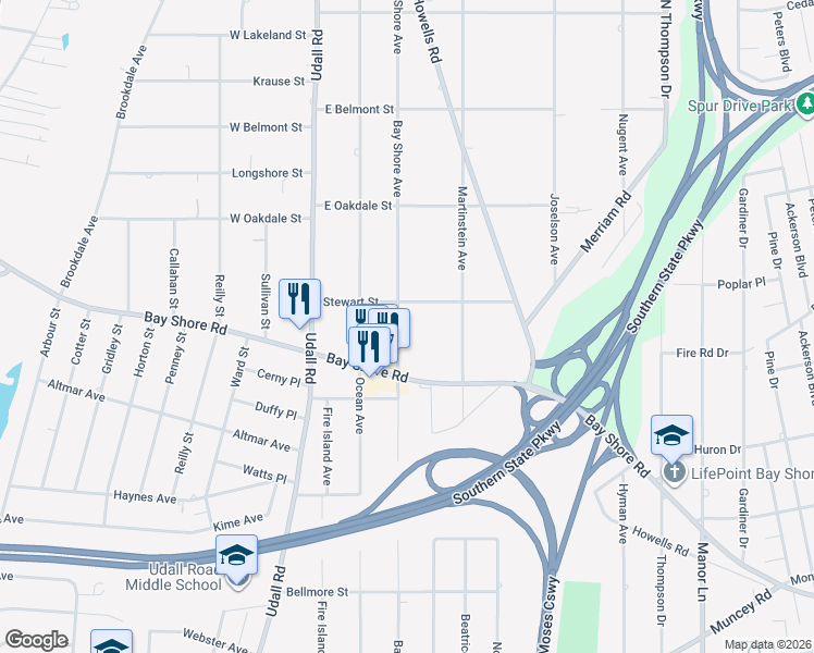 map of restaurants, bars, coffee shops, grocery stores, and more near 1059 Bay Shore Avenue in Bay Shore