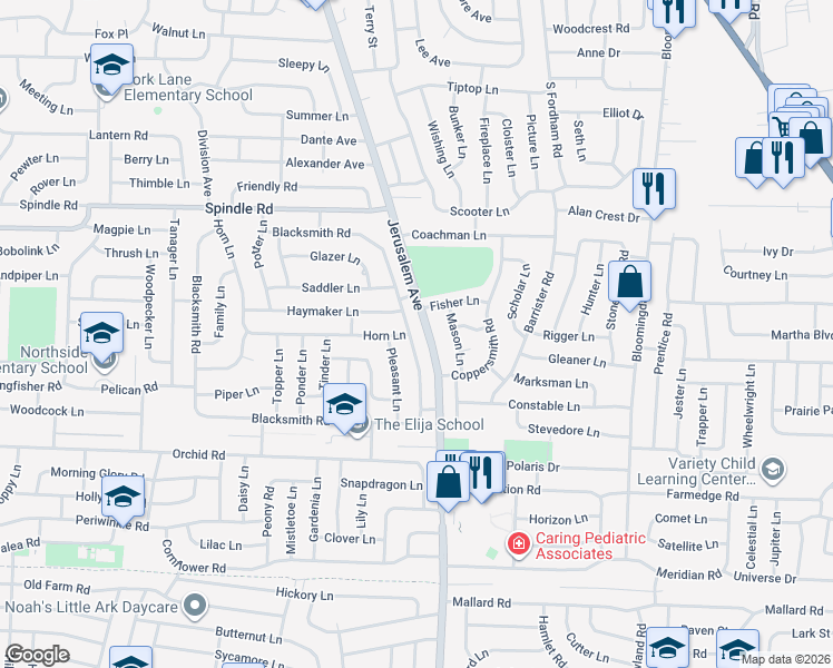 map of restaurants, bars, coffee shops, grocery stores, and more near 111 Blacksmith Road East in Levittown