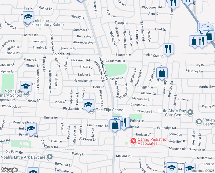 map of restaurants, bars, coffee shops, grocery stores, and more near 111 Blacksmith Road East in Levittown
