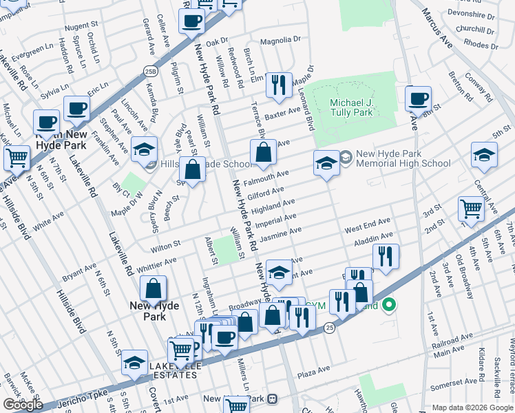 map of restaurants, bars, coffee shops, grocery stores, and more near 1513 Highland Avenue in New Hyde Park