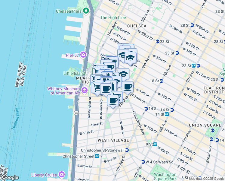 map of restaurants, bars, coffee shops, grocery stores, and more near 18 9th Avenue in New York
