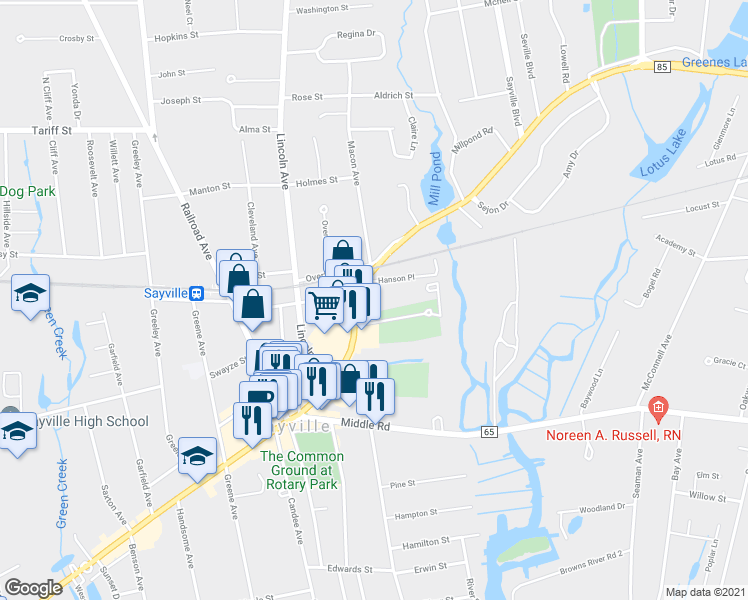 map of restaurants, bars, coffee shops, grocery stores, and more near 236 North Main Street in Sayville