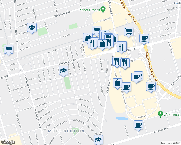 map of restaurants, bars, coffee shops, grocery stores, and more near 56 Pell Terrace in Garden City