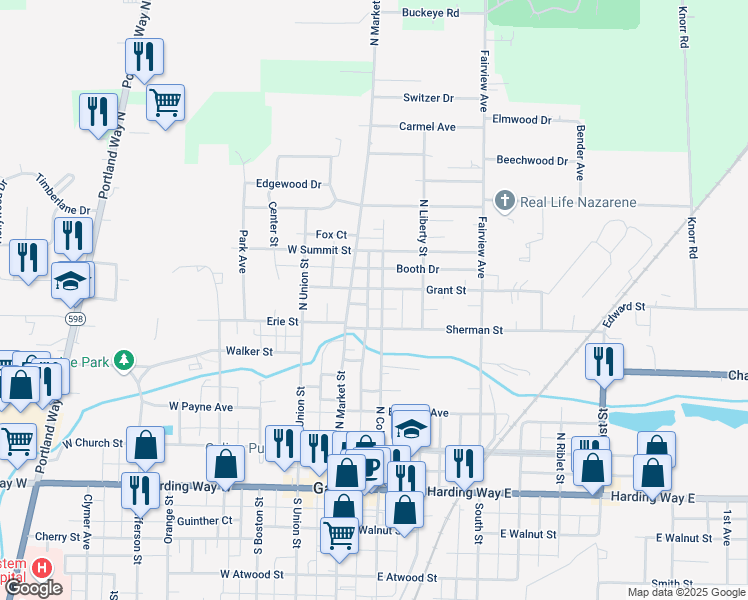 map of restaurants, bars, coffee shops, grocery stores, and more near 536 N Columbus St in Galion