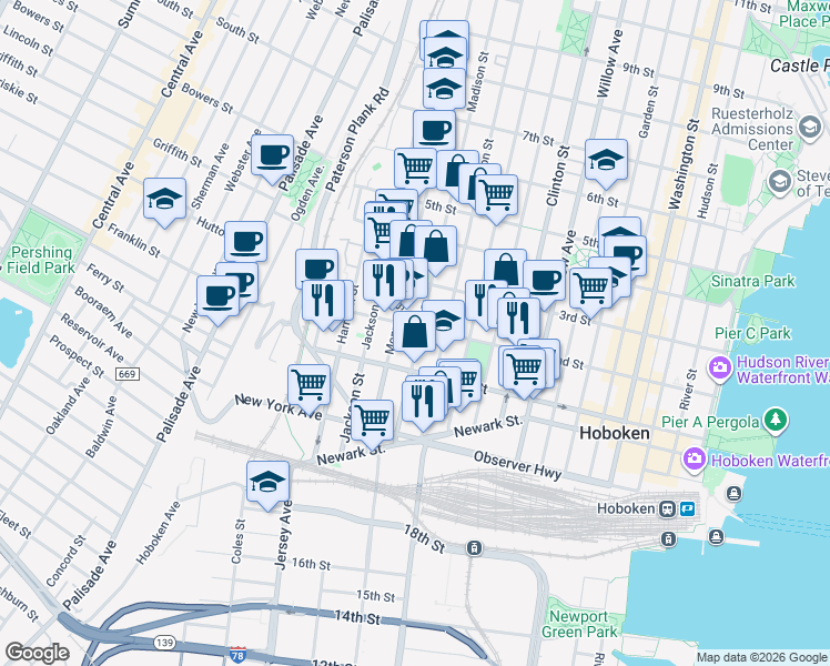 map of restaurants, bars, coffee shops, grocery stores, and more near 509 2nd Street in Hoboken