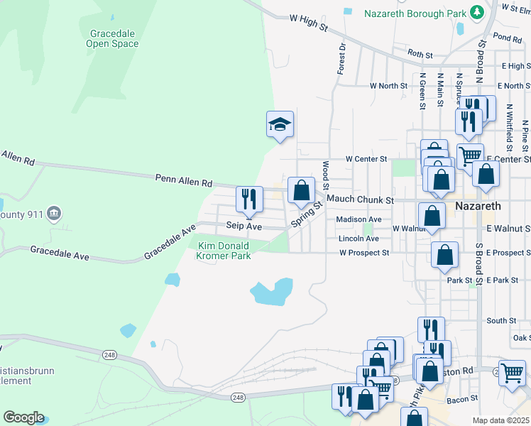 map of restaurants, bars, coffee shops, grocery stores, and more near 531 Heckman Avenue in Nazareth