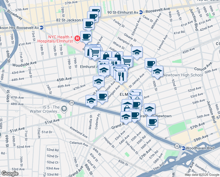 map of restaurants, bars, coffee shops, grocery stores, and more near 83-02 Cornish Avenue in Queens