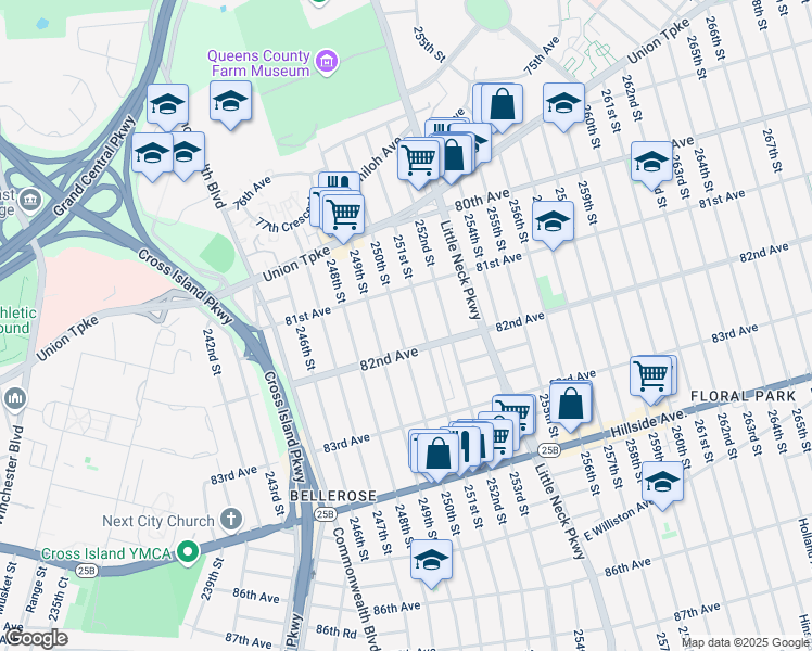 map of restaurants, bars, coffee shops, grocery stores, and more near 81-35 250th Street in Queens
