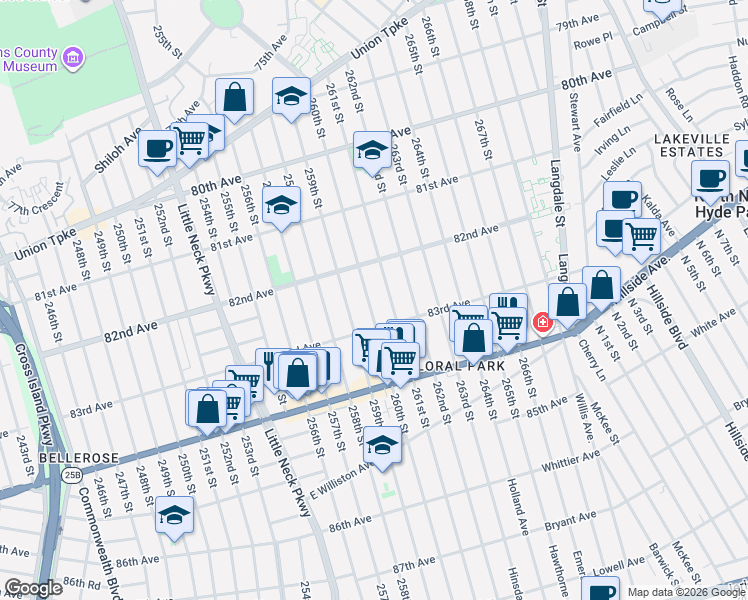 map of restaurants, bars, coffee shops, grocery stores, and more near 82-41 260th Street in Queens