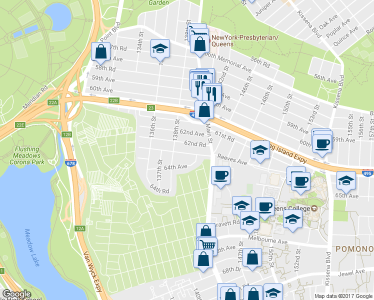 map of restaurants, bars, coffee shops, grocery stores, and more near 138-27 63rd Avenue in Queens