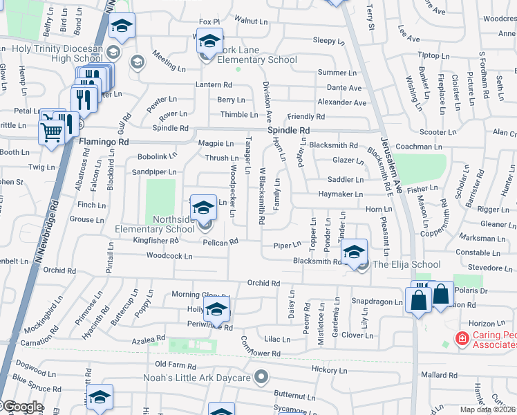 map of restaurants, bars, coffee shops, grocery stores, and more near 3138 Blacksmith Road South in Levittown