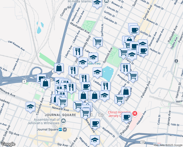 map of restaurants, bars, coffee shops, grocery stores, and more near 731 Summit Avenue in Jersey City