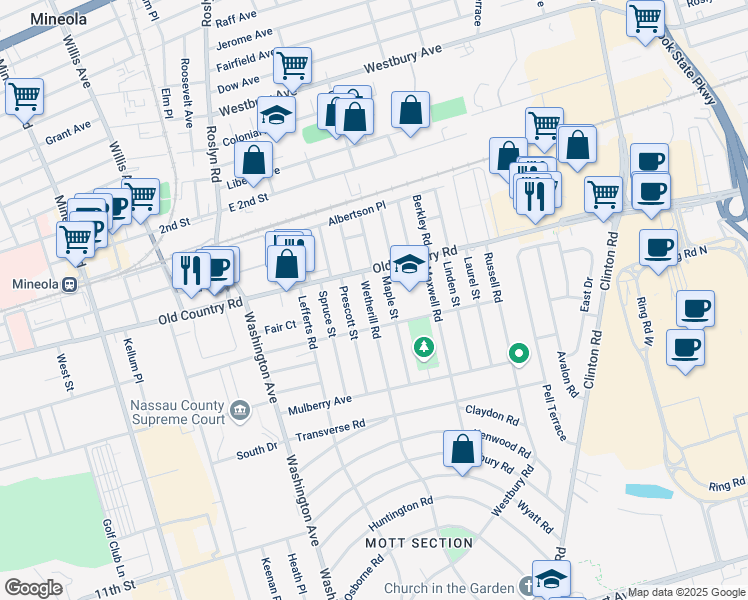 map of restaurants, bars, coffee shops, grocery stores, and more near 209 Wetherill Road in Garden City