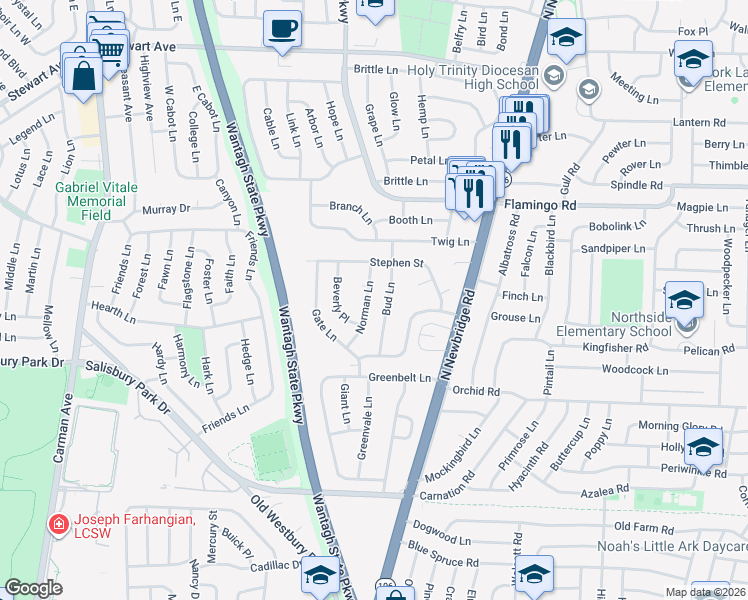 map of restaurants, bars, coffee shops, grocery stores, and more near 94 Norman Lane in Levittown