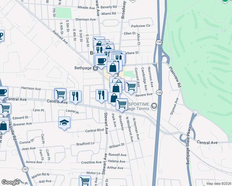map of restaurants, bars, coffee shops, grocery stores, and more near 16 Baldwin Place in Bethpage