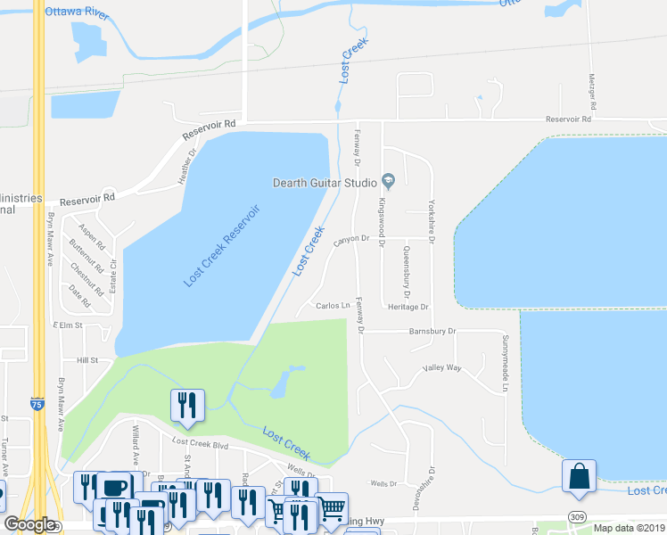map of restaurants, bars, coffee shops, grocery stores, and more near 730 Canyon Drive in Lima