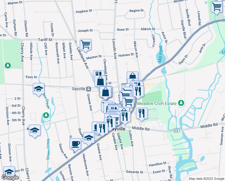 map of restaurants, bars, coffee shops, grocery stores, and more near 27 Hiddink Street in Sayville