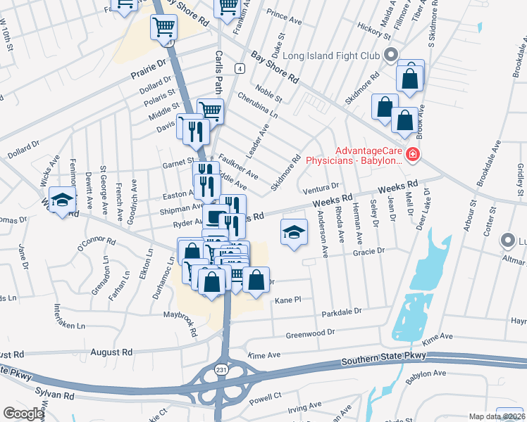 map of restaurants, bars, coffee shops, grocery stores, and more near 47 Weeks Road in North Babylon