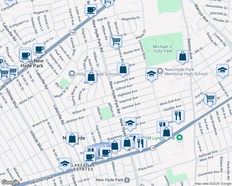 map of restaurants, bars, coffee shops, grocery stores, and more near 1513 Highland Avenue in New Hyde Park