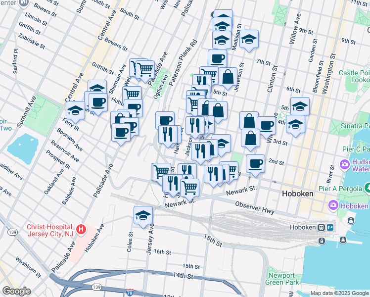 map of restaurants, bars, coffee shops, grocery stores, and more near 117 Harrison Street in Hoboken