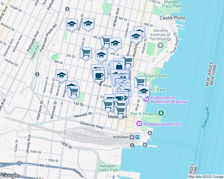 map of restaurants, bars, coffee shops, grocery stores, and more near 234 Garden Street in Hoboken