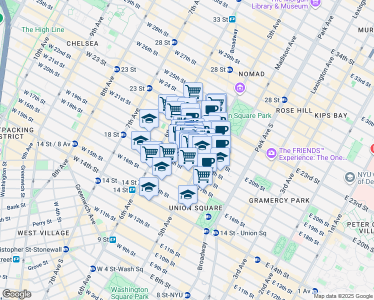 map of restaurants, bars, coffee shops, grocery stores, and more near 20 West 20th Street in New York