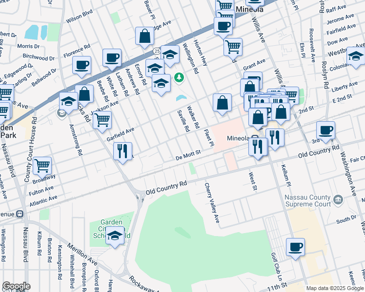 map of restaurants, bars, coffee shops, grocery stores, and more near 100 Krug Place in Mineola