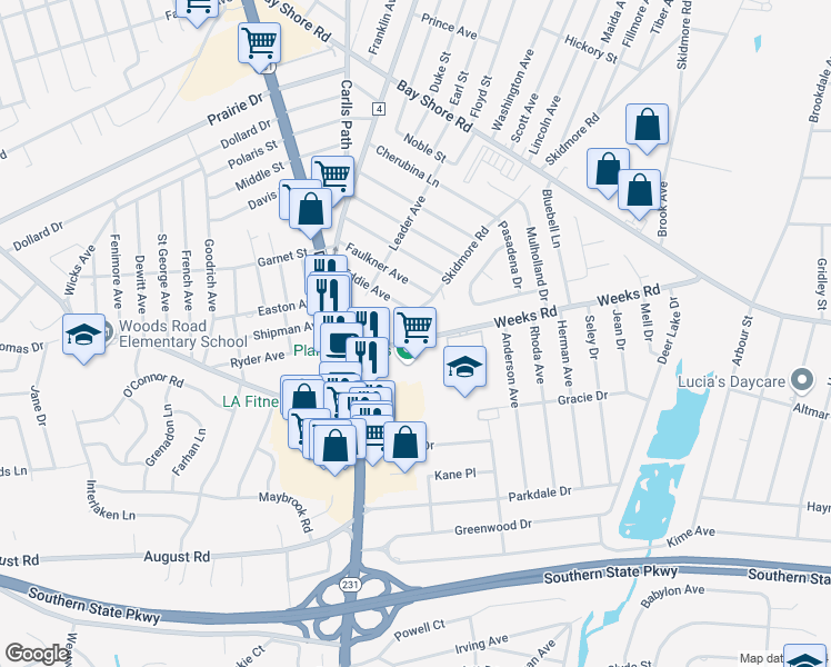 map of restaurants, bars, coffee shops, grocery stores, and more near 47 Weeks Road in North Babylon