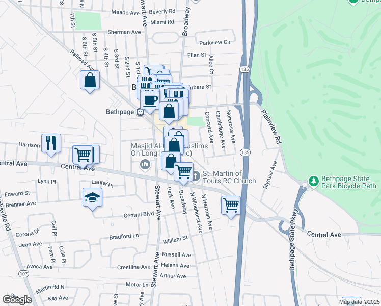 map of restaurants, bars, coffee shops, grocery stores, and more near 17 Seaman Avenue in Bethpage