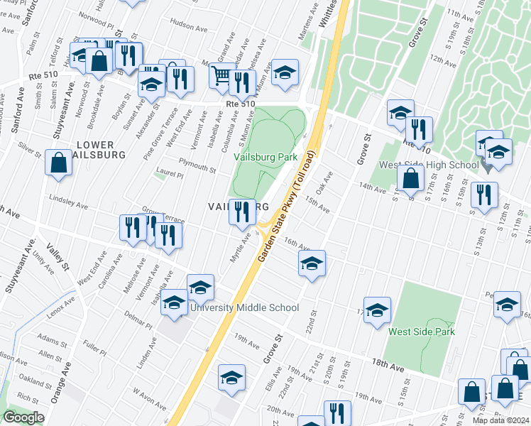 map of restaurants, bars, coffee shops, grocery stores, and more near 440 Myrtle Avenue in Irvington