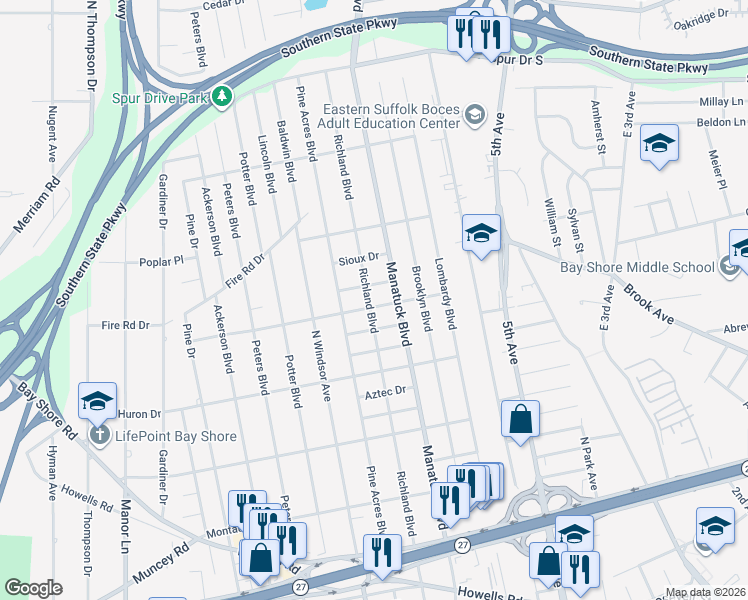 map of restaurants, bars, coffee shops, grocery stores, and more near 1401 Richland Boulevard in Bay Shore