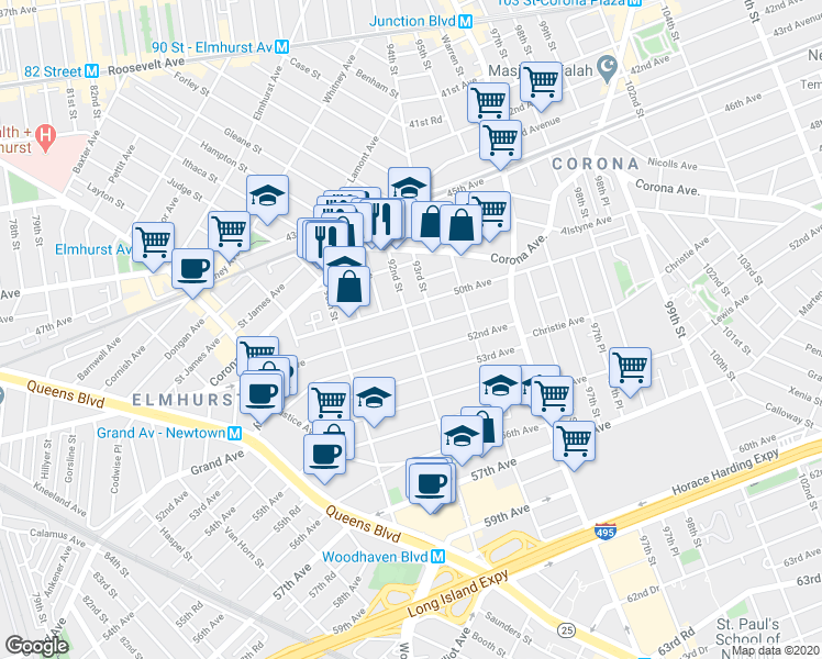 map of restaurants, bars, coffee shops, grocery stores, and more near 90-57 51st Avenue in Queens