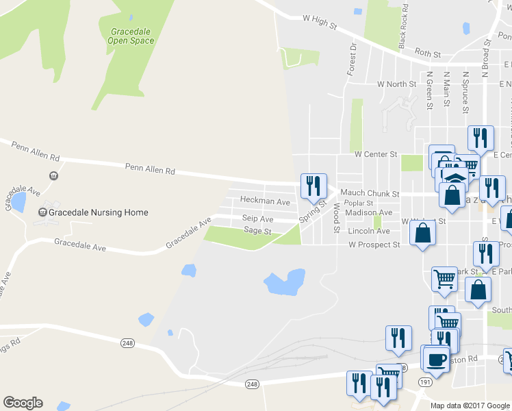 map of restaurants, bars, coffee shops, grocery stores, and more near 613 Heckman Avenue in Nazareth