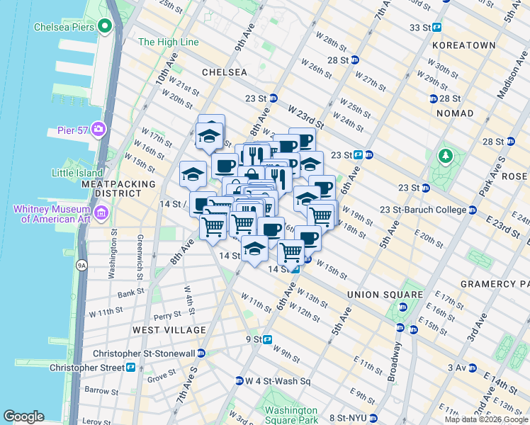 map of restaurants, bars, coffee shops, grocery stores, and more near in New York