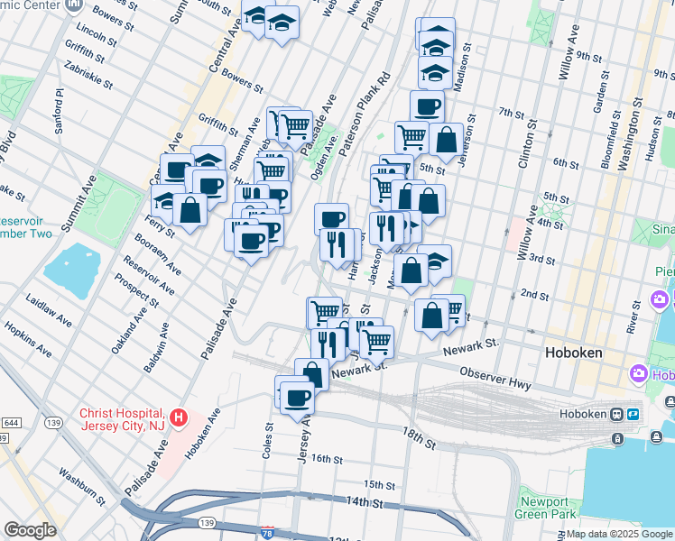map of restaurants, bars, coffee shops, grocery stores, and more near 102 Marshall Street in Hoboken