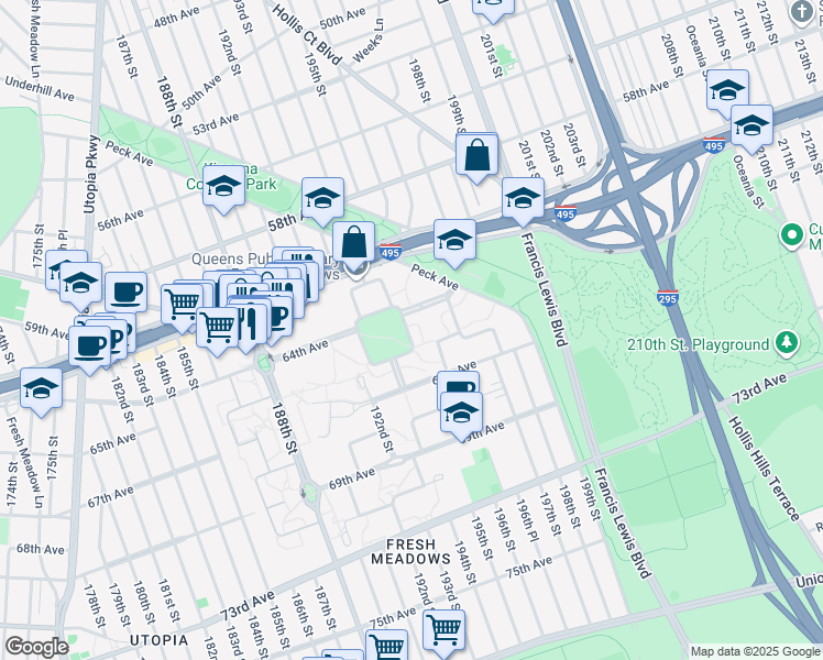 map of restaurants, bars, coffee shops, grocery stores, and more near 194-10C 64th Circle in Queens