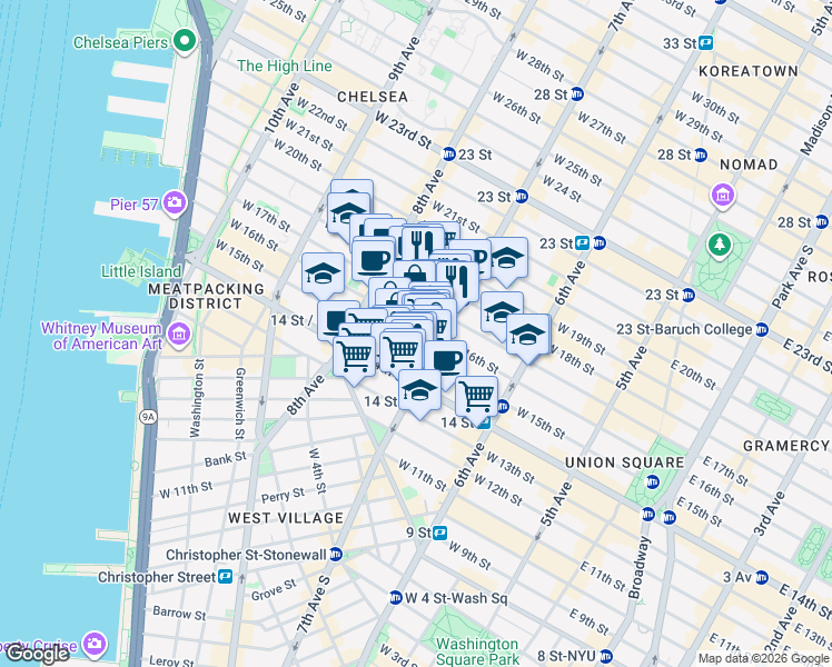 map of restaurants, bars, coffee shops, grocery stores, and more near 214 West 16th Street in New York