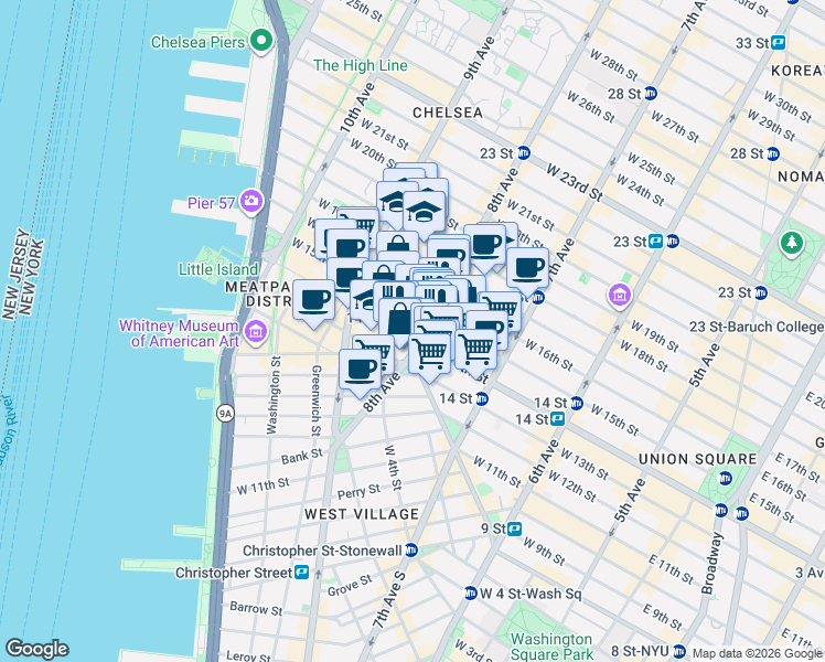 map of restaurants, bars, coffee shops, grocery stores, and more near 81 8th Ave in New York