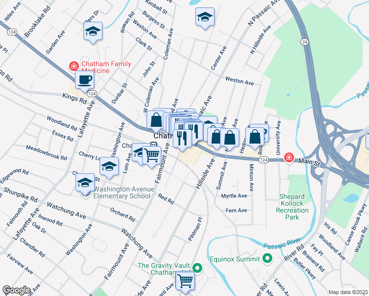 map of restaurants, bars, coffee shops, grocery stores, and more near 11 South Passaic Avenue in Chatham
