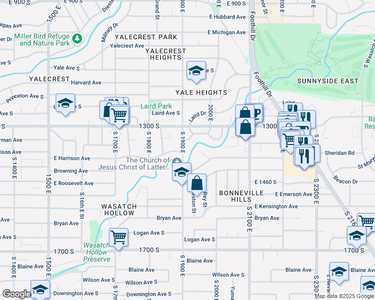 map of restaurants, bars, coffee shops, grocery stores, and more near 1363 South 1900 East in Salt Lake City