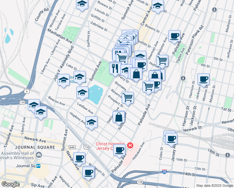 map of restaurants, bars, coffee shops, grocery stores, and more near 91 Reservoir Avenue in Jersey City