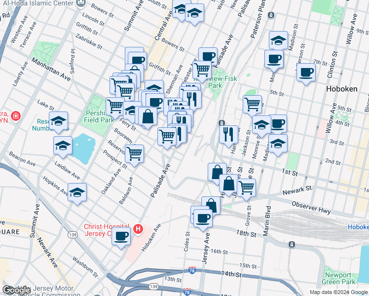 map of restaurants, bars, coffee shops, grocery stores, and more near 161 Ogden Avenue in Jersey City