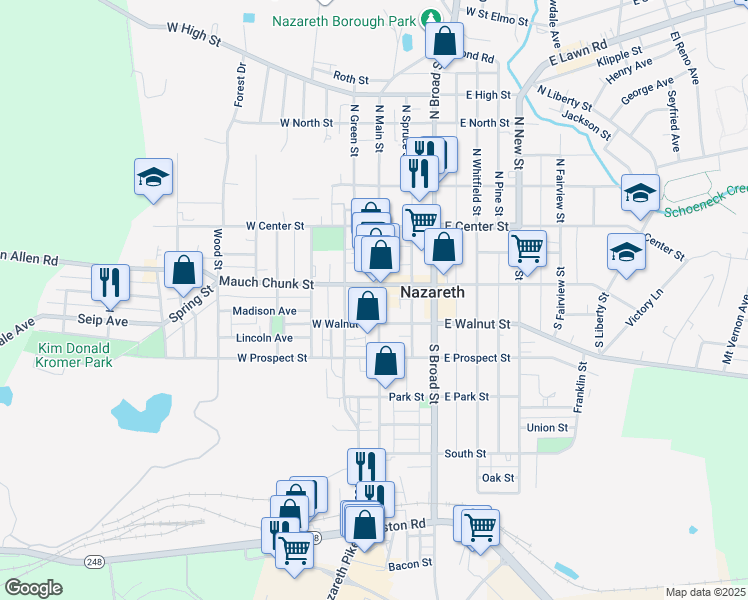 map of restaurants, bars, coffee shops, grocery stores, and more near 118 South Main Street in Nazareth