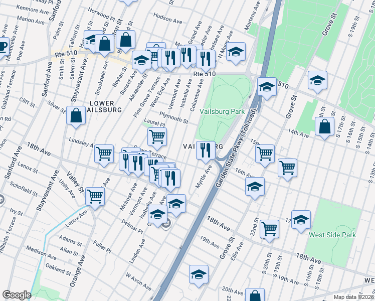 map of restaurants, bars, coffee shops, grocery stores, and more near 153 South Munn Avenue in Newark