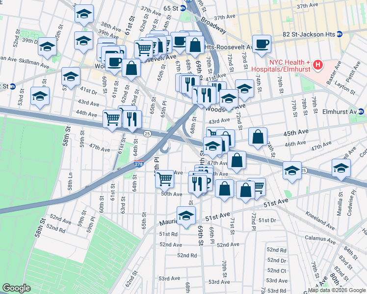 map of restaurants, bars, coffee shops, grocery stores, and more near 67-02 Queens Boulevard in Queens
