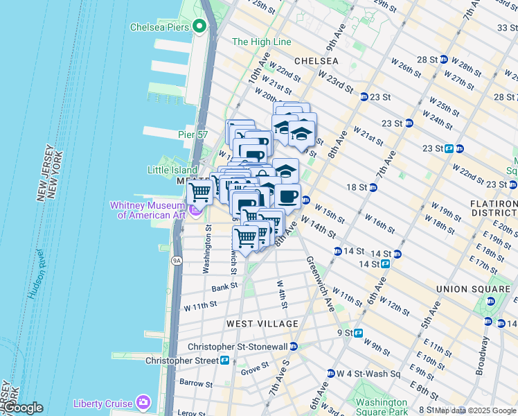 map of restaurants, bars, coffee shops, grocery stores, and more near 668 Hudson Street in New York